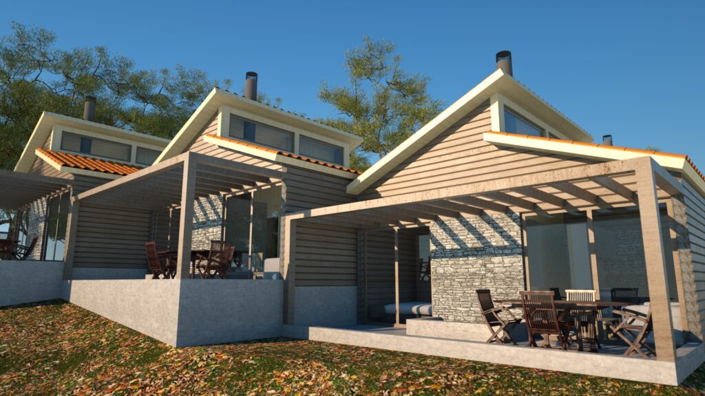 Architectural rendering of a modern mountain home with a combination of wood siding, stone accents, and a flat and gabled roof design, featuring a covered patio with outdoor furniture and set against a backdrop of trees and a clear blue sky. By Modify Architects