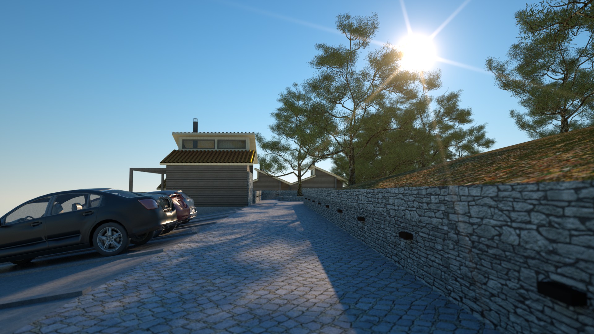 Architectural rendering of a modern house nestled into a hillside in Kalavrita, Greece. The scene features a stone retaining wall, a cobblestone driveway with parked cars, and lush evergreen trees under a bright, sunny sky. The house has wooden siding and a terracotta tile roof, blending seamlessly with the natural landscape. By Modify Architects