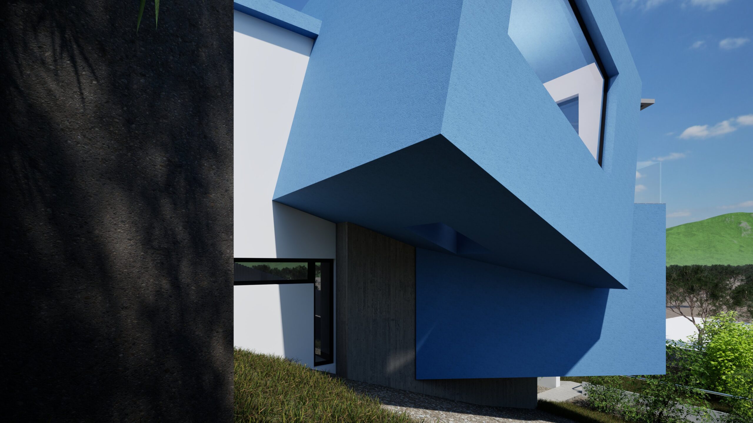 A close-up architectural rendering of a modern house featuring a striking blue facade with sharp, angular lines and cantilevered elements. The design incorporates a mix of textures, including smooth stucco and wood paneling, with large windows offering views of a lush green hillside and a clear blue sky. The composition emphasizes the building's geometric form and its integration with the natural landscape. By Modify Architects