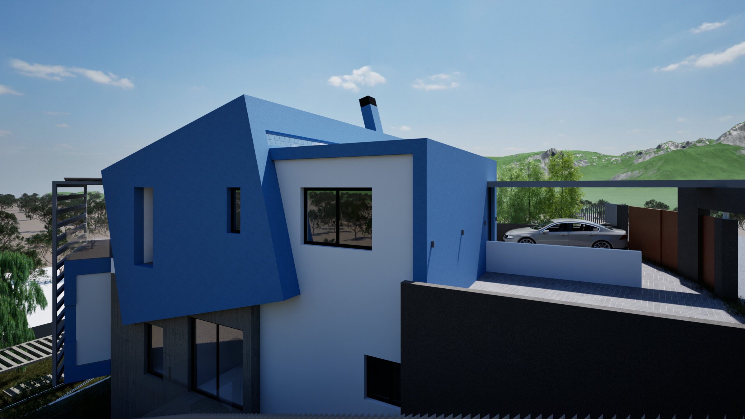 Modern architectural rendering of a two-story blue and white house with a flat roof, a chimney, and a black car parked in the driveway, set against a backdrop of rolling green hills and a clear blue sky. By Modify Architects