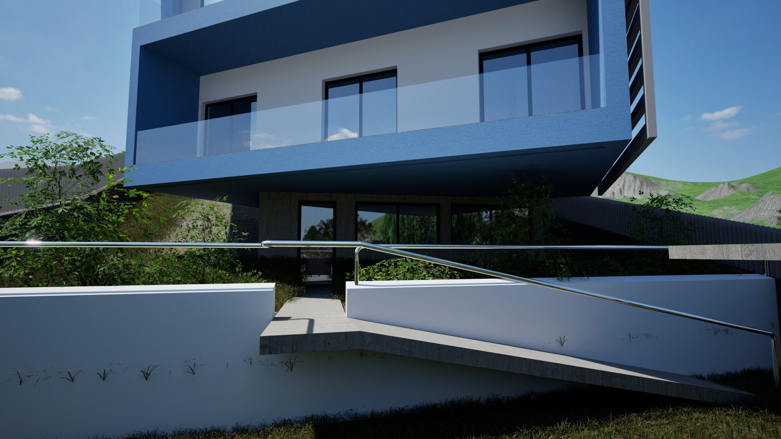 Modern architectural rendering of a multi-level house with a sleek, contemporary design, featuring large windows, a balcony with glass railings, and a terraced landscape with a concrete pathway and lush greenery under a bright blue sky. By Modify Architects