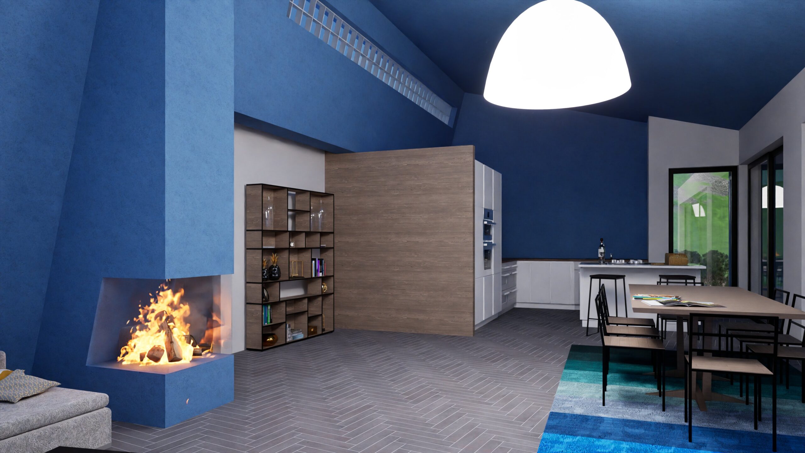 A spacious, modern interior featuring a striking blue angular fireplace, a wood-paneled storage wall with a built-in bookcase, a sleek kitchen island, a dining table with black chairs, and large windows offering a view of lush greenery, all illuminated by a large, white pendant light. By Modify Architects