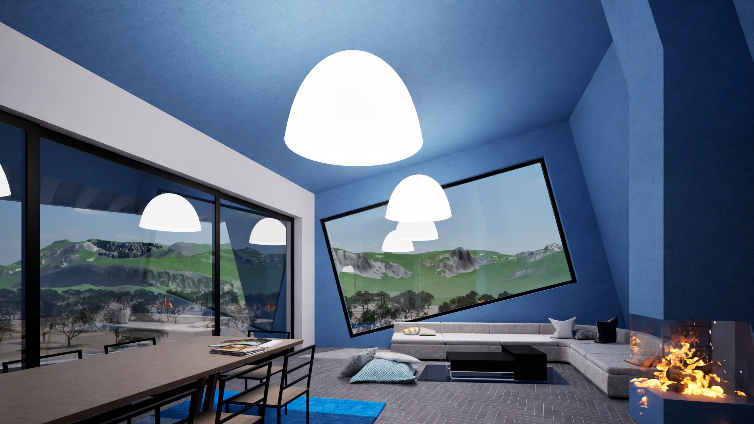 A bright, modern living and dining room with large windows offering a stunning mountain view, featuring a sleek gray sectional sofa, a wooden dining table, and unique white pendant lights, accented by a vibrant blue color scheme and a cozy fireplace. By Modify Architects