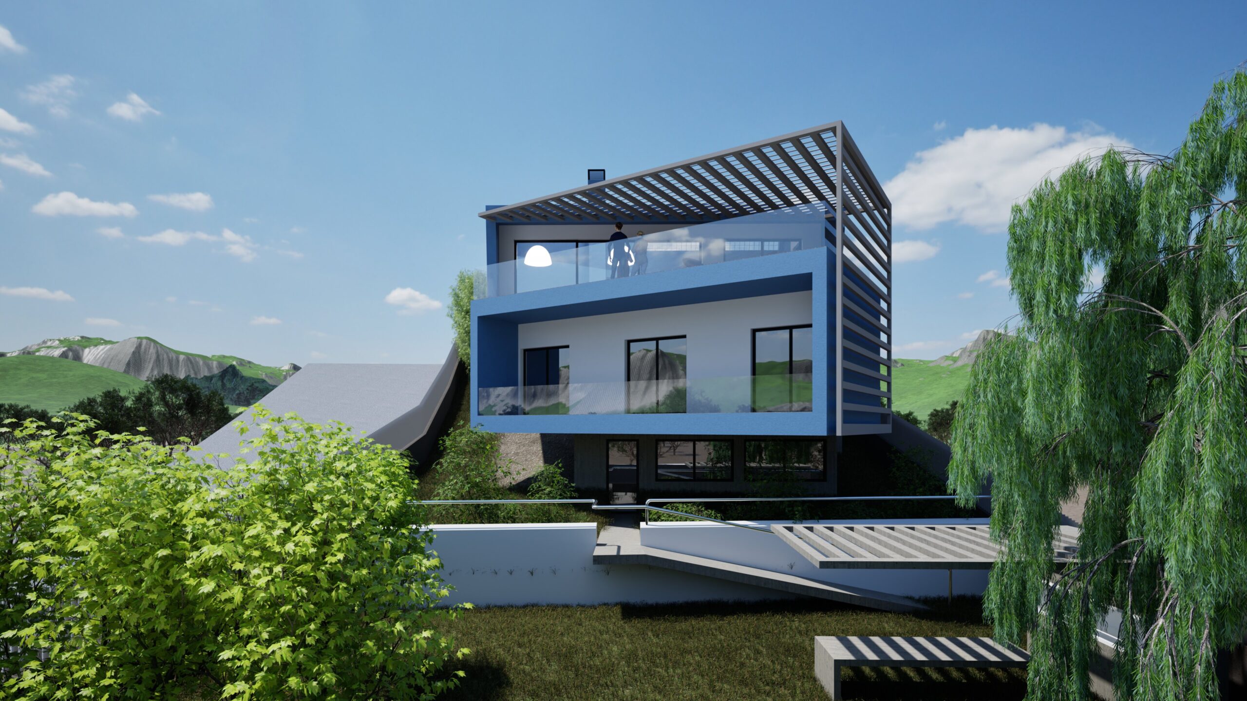 Modern two-story residence with a flat roof, blue accents, and a balcony overlooking a landscaped garden and rolling hills under a clear blue sky. The house features large windows, a minimalist design, and a concrete driveway leading to the property. By Modify Architects