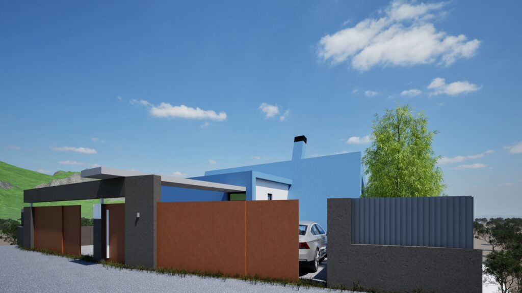 A rendering of a modern, single-story house with a flat roof, featuring a mix of materials including blue stucco, dark textured concrete, and rusted metal fencing. A white car is parked within the gated driveway, and a vibrant green tree adds a natural element to the composition, set against a backdrop of a clear blue sky with scattered clouds and distant hills. By Modify Architects