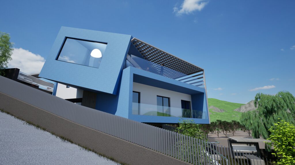 A striking architectural rendering of a modern blue house perched on a lush green hillside under a clear blue sky. The house features a unique, cantilevered design with large windows and a partially covered patio. A sleek metal railing surrounds the property, and the surrounding landscape includes trees and distant mountains. The overall impression is one of contemporary luxury and integration with nature. By Modify Architects
