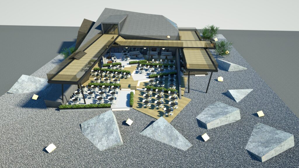 Aerial view of a modern restaurant design featuring a central open-air dining area surrounded by angular, shaded pavilions and scattered large stone features, with tables and chairs arranged amongst landscaping and pathways, presented as a 3D architectural rendering. By Modify Architects