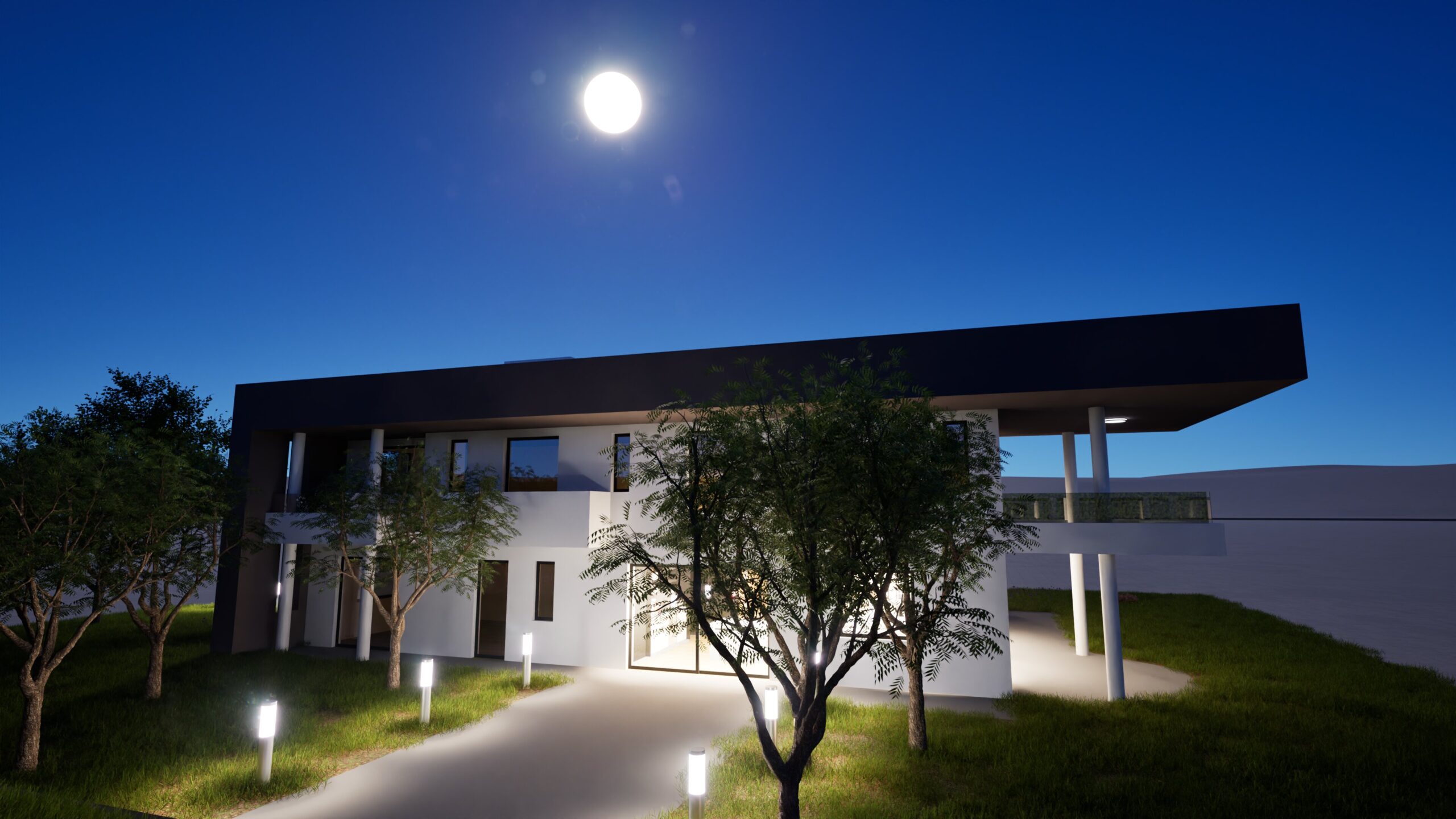 A nighttime rendering of a modern, single-story house with a flat roof and large windows, illuminated by pathway lights and a full moon. The house features a white facade with dark accents and is set on a grassy hilltop with trees in the foreground. The sky is a deep blue, creating a dramatic and peaceful atmosphere. By Modify Architects