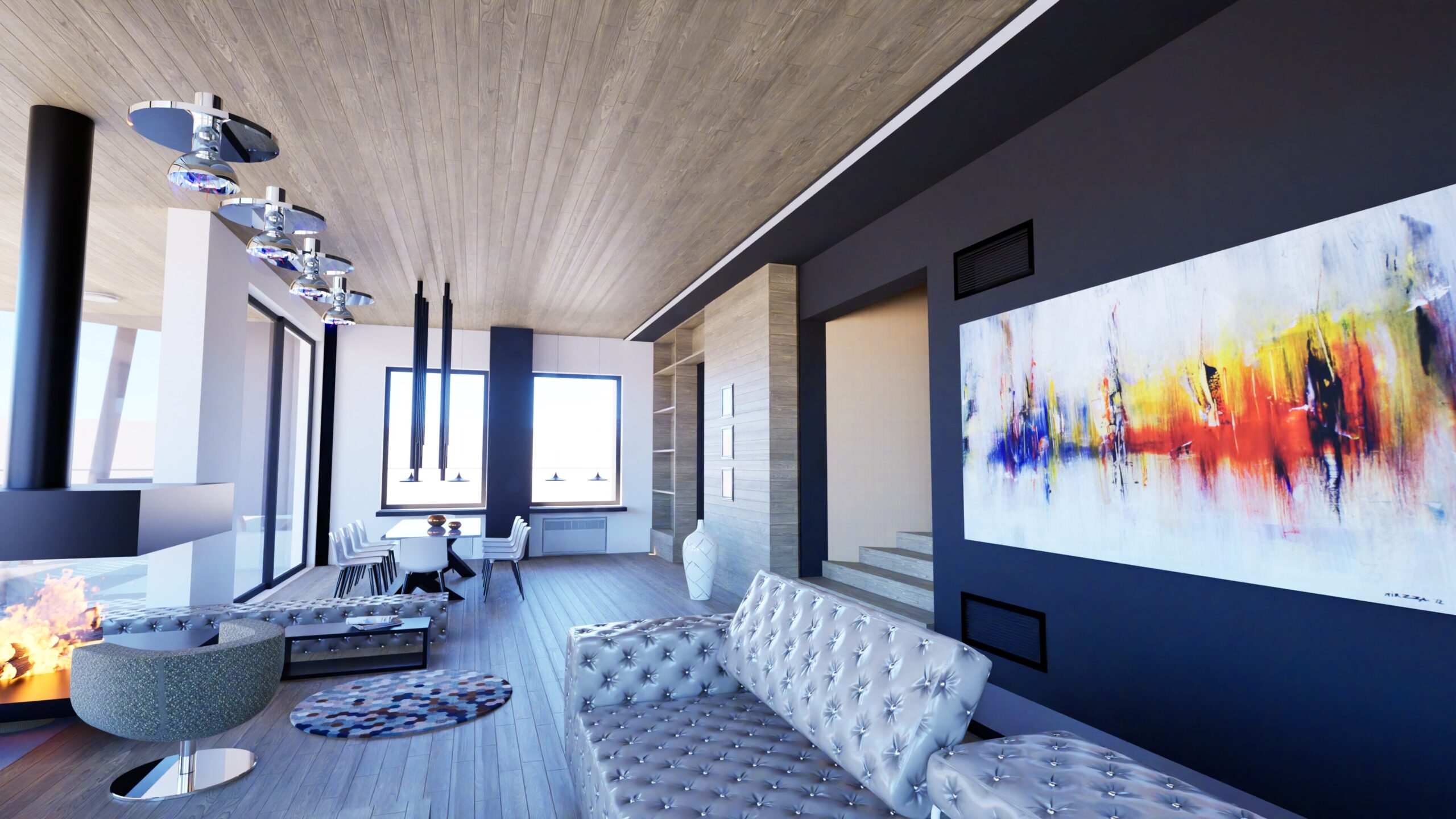 Interior view of a modern living room with a large abstract painting, a tufted silver sofa, a fireplace, and a wood plank ceiling. Large windows offer a bright, airy feel, complemented by contemporary lighting fixtures and a neutral color palette. By Modify Architects