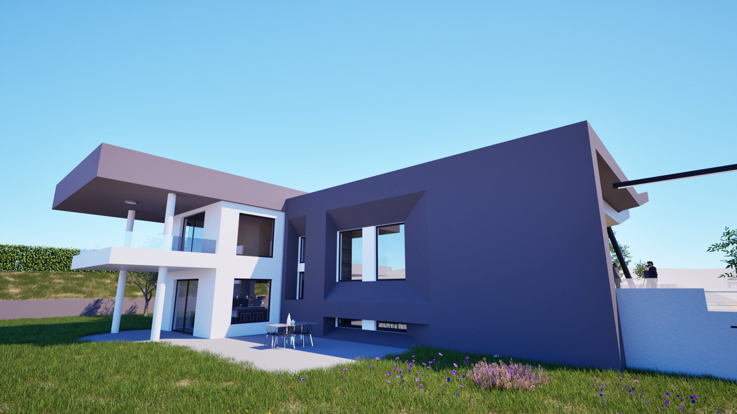A 3D rendering of the HillTop House, showcasing a modern, minimalist exterior design with a combination of gray and white facades, flat roofs, and large windows. The house is situated on a green hillside with a small patio area featuring a table and chairs. A white balcony extends from the upper level, and the overall aesthetic is clean and contemporary. By Modify Architects