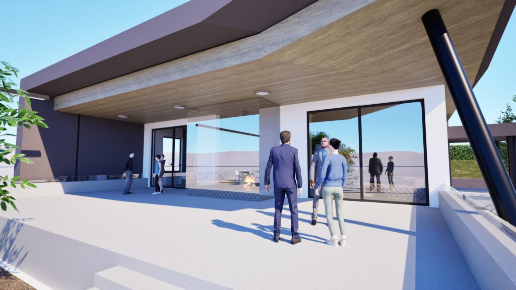 Architectural rendering of the HillTop House featuring a low-slung, modern design with a prominent wooden soffit extending over a wide patio. Large glass walls offer panoramic views of the surrounding landscape, with people visible walking on the patio and through the interior spaces. The exterior walls are a dark gray, contrasting with the light-colored patio and the natural wood elements. A sleek, blue structural support adds a contemporary touch. By Modify Architects