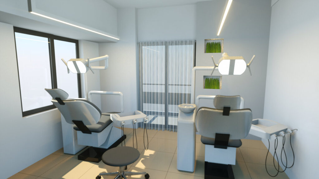Modern dental treatment room with two white dental chairs, overhead lighting, and a small green wall feature, showcasing a clean and contemporary design for a comfortable patient experience. By Modify Architects