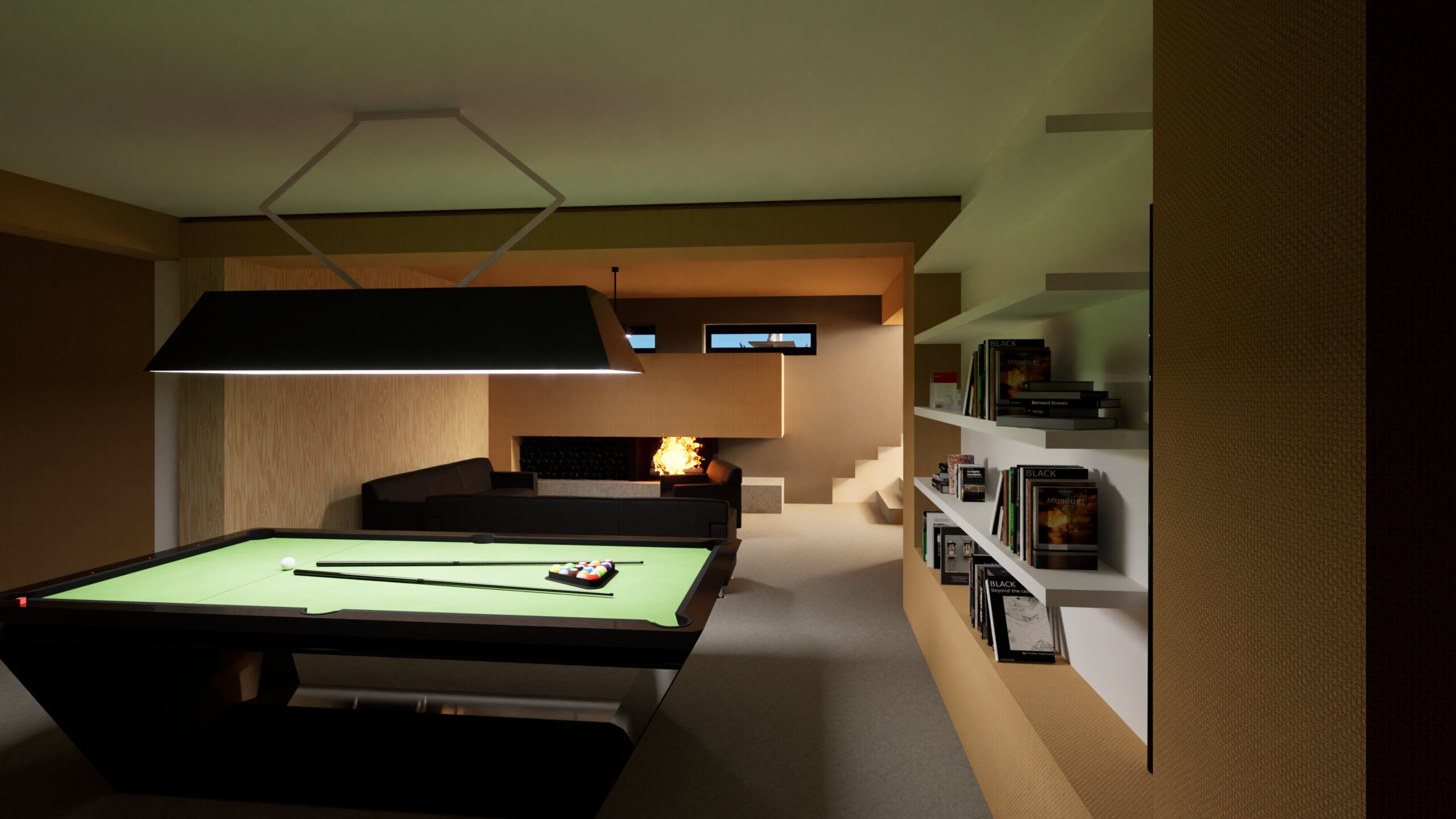 A modern recreation room featuring a black pool table with a green felt surface, a dark grey sofa facing a fireplace with a glowing fire, built-in white shelving displaying books and objects, and a striking black pendant light overhead, all within a space defined by warm wood tones and contrasting dark accents. By Modify Architects