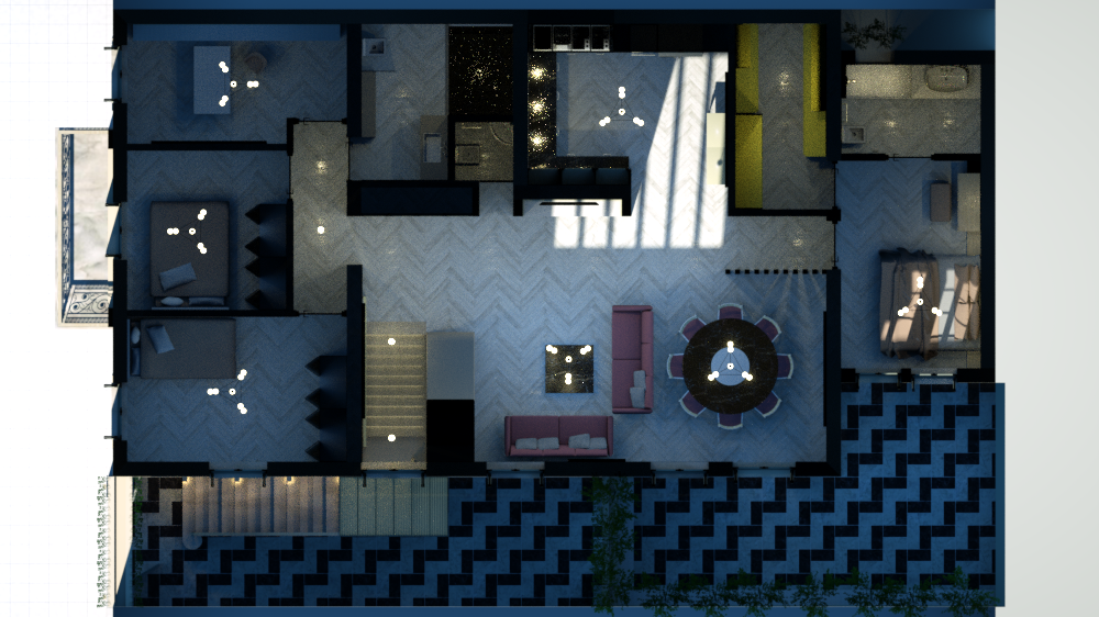 Top-down architectural floor plan rendering showcasing modern interior design with furniture, lighting, and patterned flooring, featuring a living room, dining area, kitchen, and staircase, presented in a blue and gray color scheme. By Modify Architects