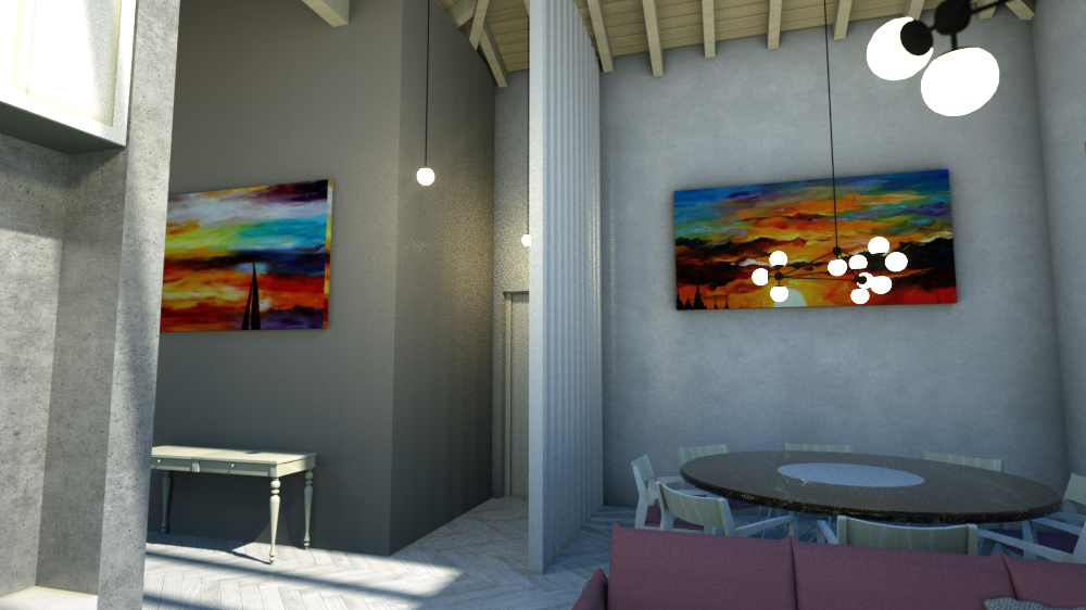 A brightly lit, modern dining room interior with a large abstract painting on the wall, a round dark wood dining table with white chairs, and a red sofa, illuminated by hanging spherical lights and a herringbone wood floor. By Modify Architects