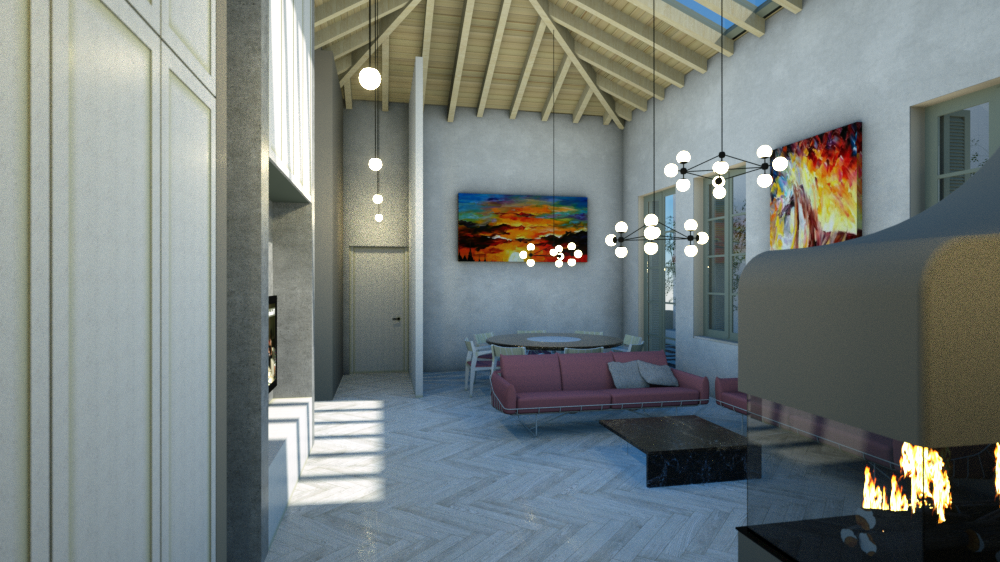 Interior view of a modern living room with a high, angled ceiling, herringbone wood flooring, a pink sofa, and colorful abstract artwork, illuminated by a contemporary chandelier and natural light from a window and open doorway. By Modify Architects