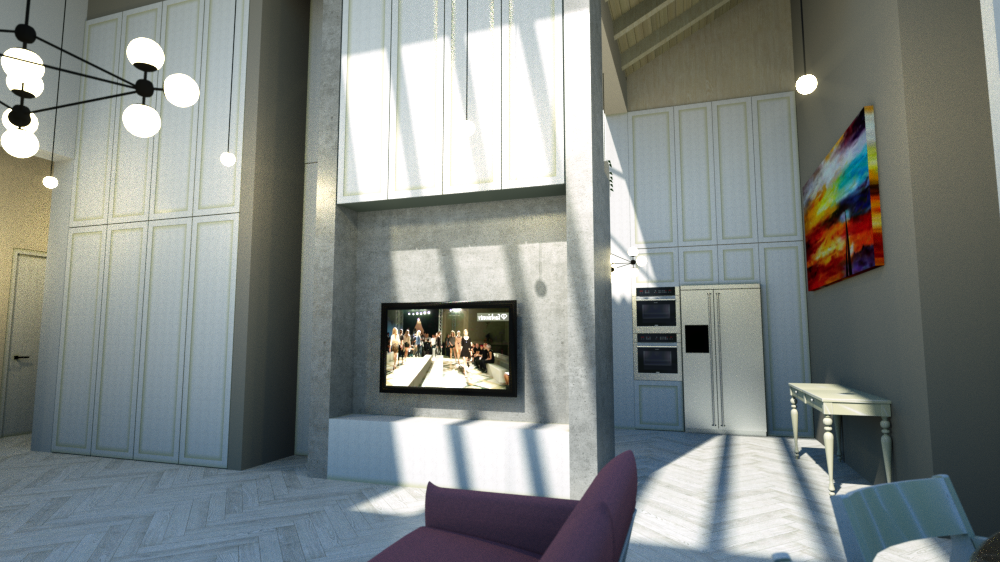 A brightly lit interior rendering of a modern lobby space featuring a large concrete fireplace with a flat-screen TV above, white paneled walls, herringbone wood flooring, a purple armchair, and a modern light fixture. Sunlight streams through a high window creating dramatic shadows. By Modify Architects