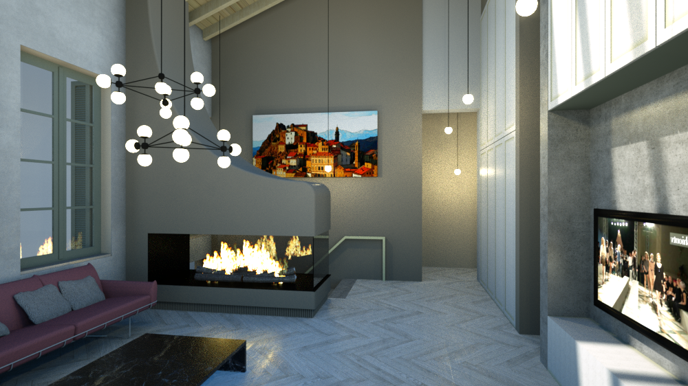 A spacious and modern living room interior featuring a double-sided fireplace, a large wall-mounted television displaying a cityscape, and a comfortable pink sofa. The room boasts high ceilings, herringbone wood flooring, and contemporary lighting fixtures, creating a stylish and inviting atmosphere. Large windows provide natural light, and a second television is visible in the background. By Modify Architects
