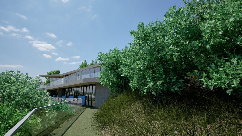 Modern architectural rendering of the Korifidis School, showcasing a low-profile building integrated with lush greenery, featuring a glass facade, a flat roof, and a surrounding landscape of trees and grasses under a bright blue sky with scattered clouds. By Modify Architects