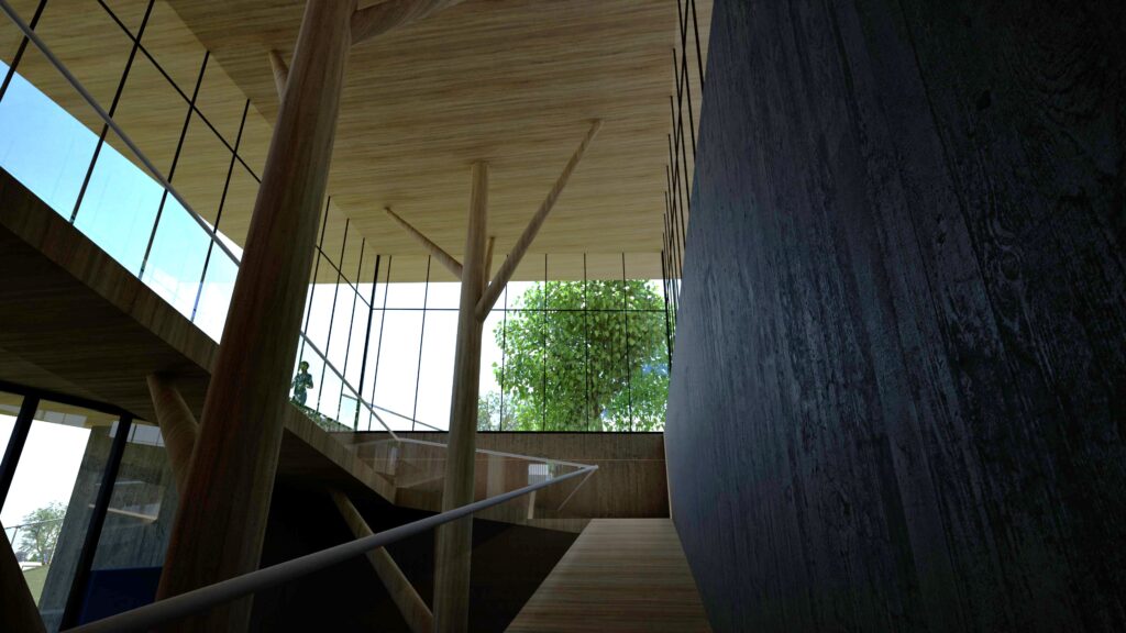 Interior view of the Korifidis School showcasing a unique architectural design with tree-like wooden columns supporting a light wood ceiling, contrasted by a dark textured wall and a bright, airy staircase leading to large windows offering views of lush greenery. A student is visible on the staircase, emphasizing the scale and functionality of the space. By Modify Architects