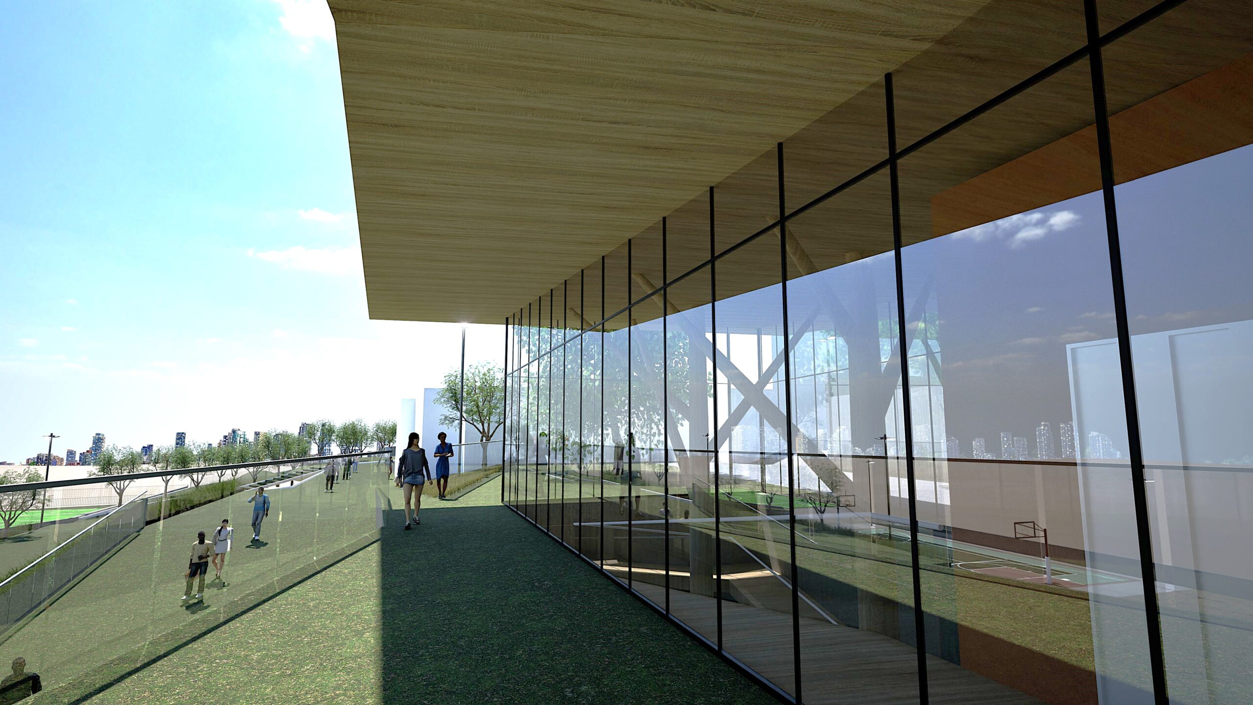 Modern school building with a large glass facade overlooking a green outdoor play area and distant cityscape, featuring a wooden canopy and visible structural supports, showcasing a bright and airy learning environment with people walking and playing. By Modify Architects