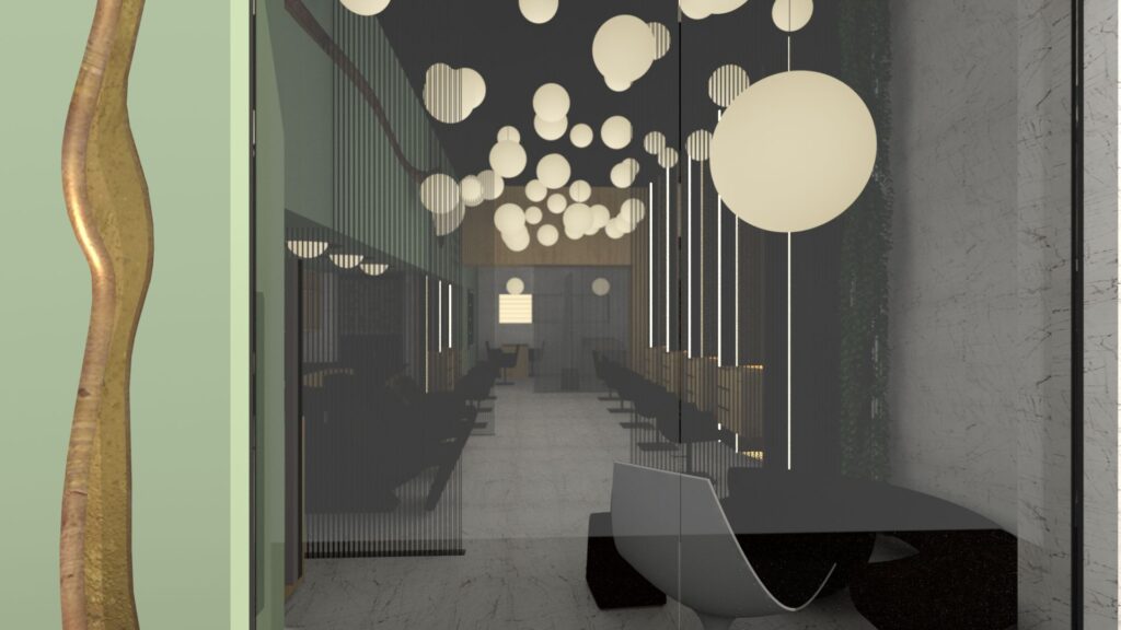 A modern interior hallway with a striking design featuring a dark, vertically ribbed wall, a light marble floor, and a dramatic ceiling installation of overlapping spherical lights. A sculptural black form sits in the foreground, partially obscuring the view into the space, which includes seating and a glimpse of a reception area. The color palette is muted with accents of gold and green, creating a sophisticated and contemporary atmosphere. By Modify Architects