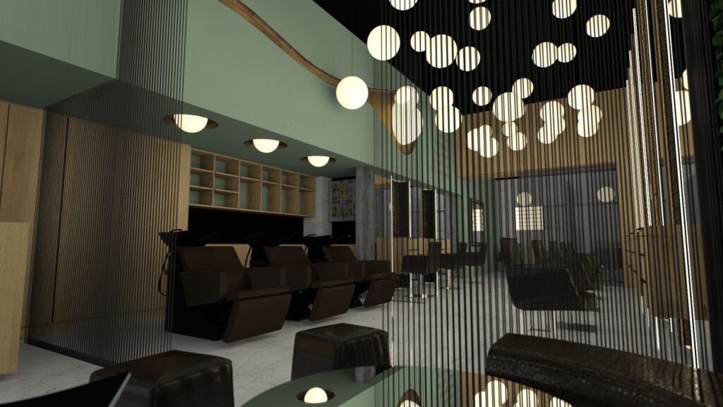 A modern hair salon interior with black styling chairs, light wood slat dividers, white dish-shaped pendant lights, and built-in shelving against a mint green wall. The space features a glossy black floor and a contemporary, minimalist aesthetic. By Modify Architects