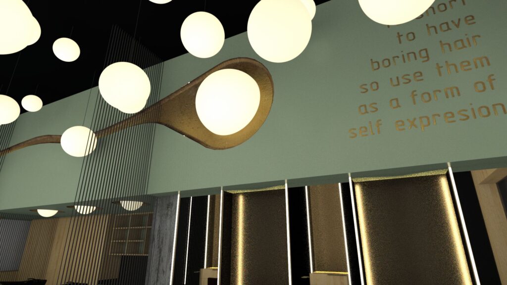 A low-angle view showcases a modern interior with a striking teal wall adorned with white text reading "to have boring hair so use them as a form of self expression." A sculptural, golden light fixture resembling a curved horn extends from the ceiling, illuminated by several spherical white light bulbs. Below, a reception area features a textured, geometric facade with integrated lighting, creating a warm and inviting atmosphere. By Modify Architects