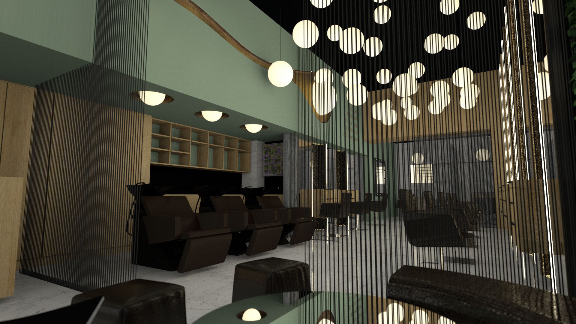 A modern hair salon interior with black styling chairs, light wood slat dividers, white dish-shaped pendant lights, and built-in shelving against a mint green wall. The space features a glossy black floor and a contemporary, minimalist aesthetic. By Modify Architects