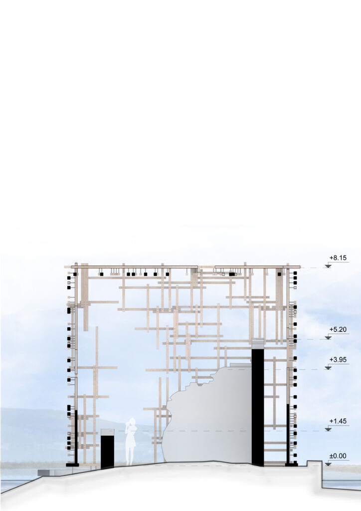 Architectural sectional elevation of the Saltpan House, showcasing a multi-level structure with a prominent central staircase and a facade defined by a complex network of wooden supports and openings, set against a bright blue sky and a subtle ground plane with elevation markers. By Modify Architects