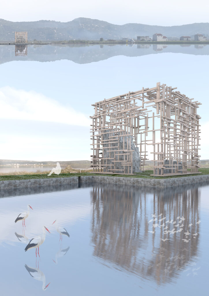 A serene architectural rendering depicts the Saltpan House, a wooden skeletal structure rising from a calm, reflective salt pan landscape. The house, constructed from light-colored timber, partially encloses a large, rough-hewn stone element. Flocks of birds take flight around the structure and across the water, enhancing the sense of tranquility and connection to nature. Distant mountains and a small village are visible in the background, mirrored in the still water, creating a harmonious and peaceful composition. By Modify Architects