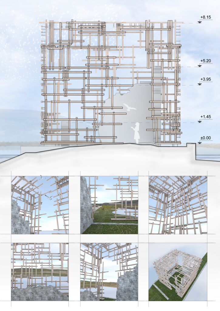 A detailed architectural rendering showcasing the "Saltpan House" design, featuring a multi-level, open framework structure constructed from light-colored wood. The building appears to rise from a natural landscape, with a section view indicating varying elevations (+0.00 to +8.15). Smaller inset images provide views from different perspectives, highlighting the building's integration with the surrounding environment and its unique, skeletal aesthetic, with a bird in flight near the structure. By Modify Architects
