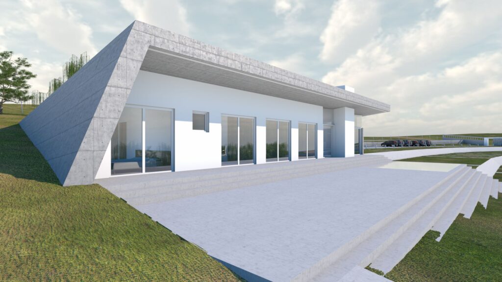 Architectural rendering of a modern, single-story house built into a grassy hillside. The structure features a flat roof, large windows, and a concrete exterior, blending seamlessly with the natural landscape. A white patio extends from the building, offering views of a distant airfield and a cloudy sky. By Modify Architects