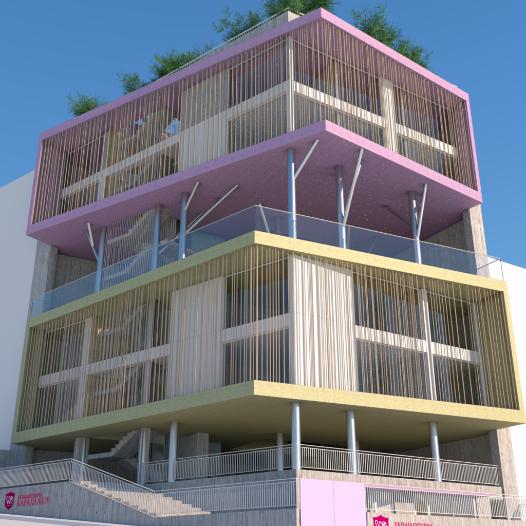 A modern architectural rendering of the Karaxariou School, featuring a multi-story building with a unique facade. The design incorporates a light beige base with horizontal bands of pink and a striking vertical slat screen in a natural wood tone. Balconies with playful, tree-like supports add a whimsical touch. The building is set against a clear blue sky, suggesting a bright and welcoming learning environment. By Modify Architects