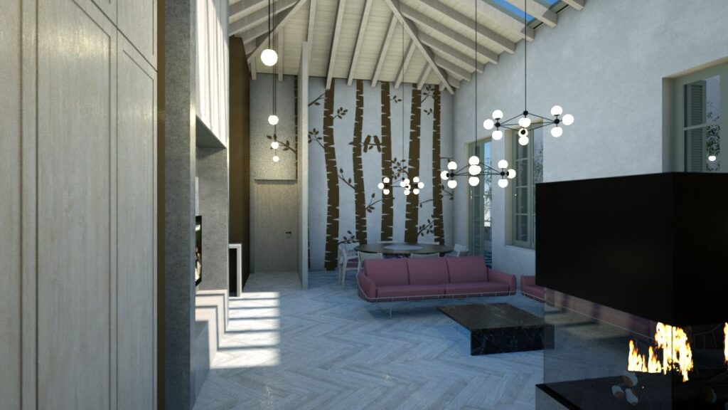 Interior view of a modern living room with a high, exposed beam ceiling, a birch tree mural, a pink sofa, a dark coffee table, and a fireplace, featuring herringbone wood flooring and large windows allowing natural light. By Modify Architects