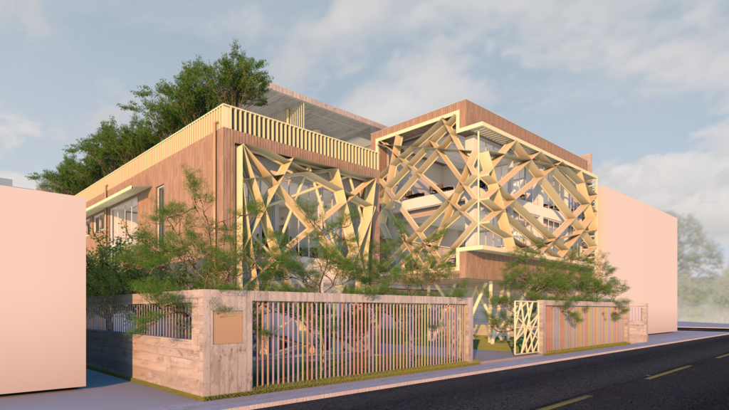 A modern architectural rendering of the Xatzivei School, featuring a striking facade with a geometric, diamond-patterned screen over the windows. The building combines warm wood cladding with light-colored concrete elements and a rooftop terrace with lush greenery. A low concrete wall and metal gate enclose the school grounds, with trees and landscaping visible within. The image is presented in a realistic style with a soft, overcast sky. By Modify Architects