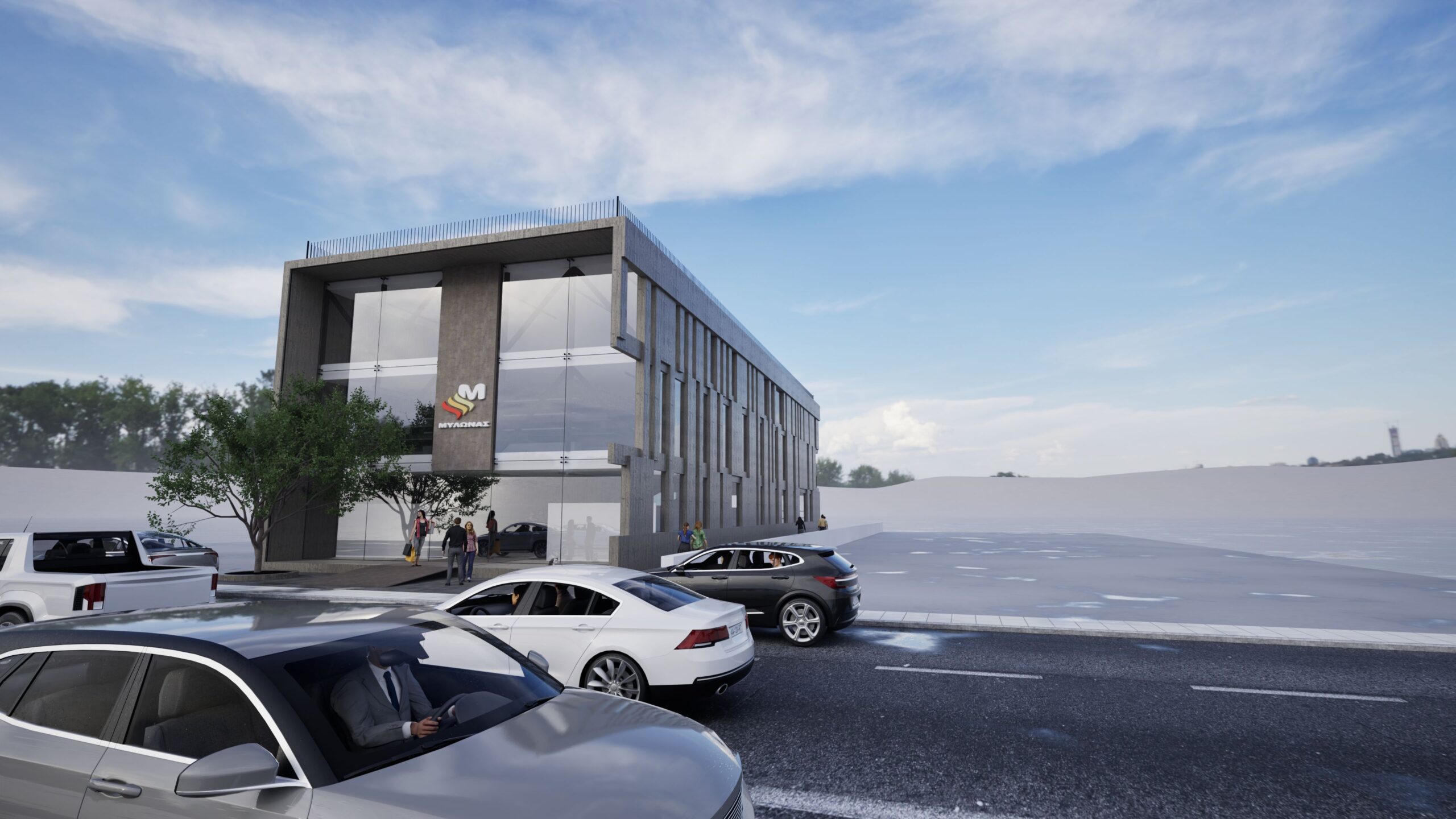 Modern retail building exterior with a parking lot, showcasing a two-story structure with a gray and white facade, large glass windows, and a prominent company logo, set against a clear sky and green landscape. By Modify Architects