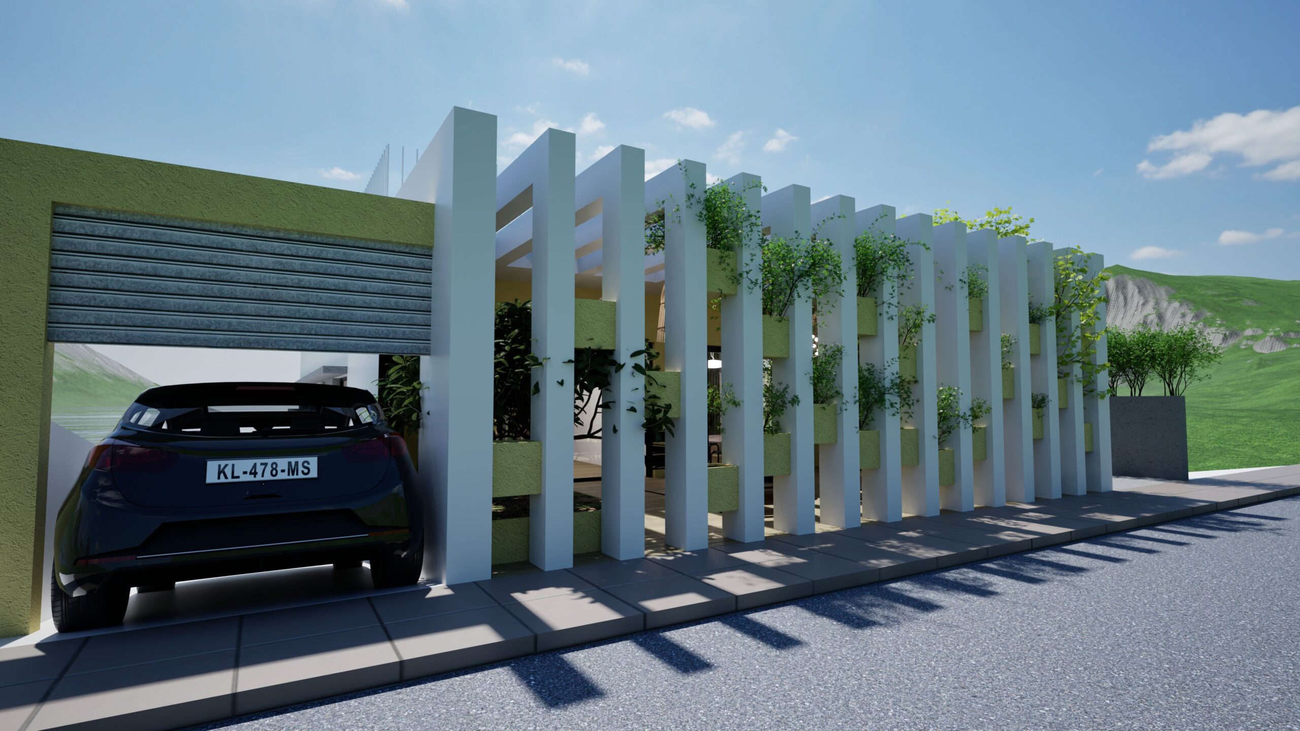Architectural rendering of a modern carport featuring a light-colored facade with vertical white pillars and lush green climbing plants, a dark gray garage door, a black car parked inside, and a paved driveway under a bright blue sky with a mountainous backdrop. By Modify Architects