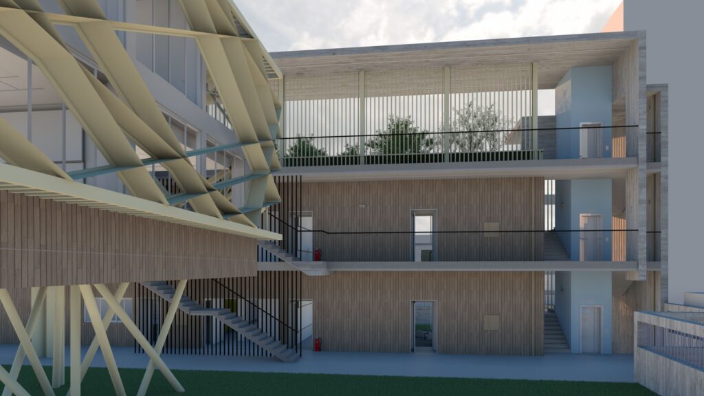 Architectural rendering of the Xatzivei School showcasing a modern design with a prominent wooden structural element creating shade and a multi-level facade with vertical louvers, balconies, and staircases, set against a bright sky and green landscaping. By Modify Architects