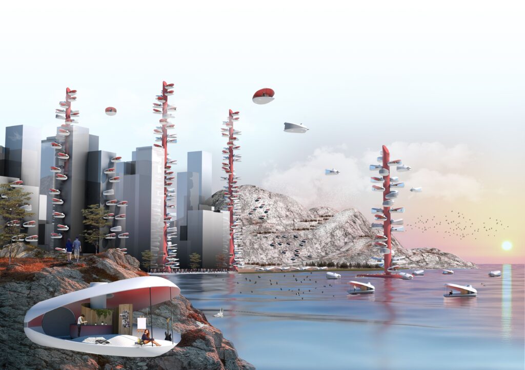 A futuristic coastal city rendering featuring tall, dark skyscrapers interspersed with bright red, spire-like structures that appear to house vertical transportation systems. Flying vehicles and small boat-like vessels populate the sky and water, respectively. In the foreground, a sleek, organic-shaped pod-like structure sits on a rocky outcrop overlooking a calm bay at sunset, with people relaxing inside. The overall scene evokes a sense of advanced technology integrated with natural landscapes. By Modify Architects
