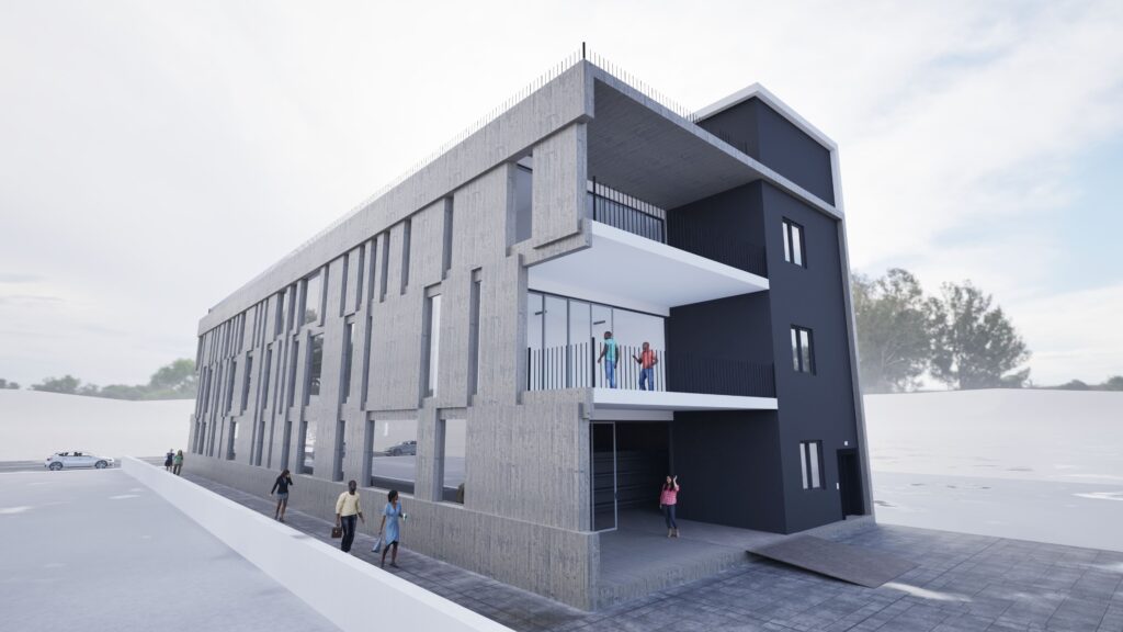 Architectural rendering of a modern two-story hardware store with a concrete facade, featuring a recessed entrance area with people, a balcony, and a dark gray accent section. The building is situated on a street with pedestrians and parked cars, set against a backdrop of trees and a cloudy sky. By Modify Architects