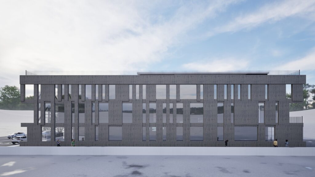 Exterior view of a modern hardware store with a gray concrete facade featuring a repeating pattern of rectangular openings and large glass windows, set against a clear blue sky with a street and landscaping in the foreground, and people walking nearby. By Modify Architects