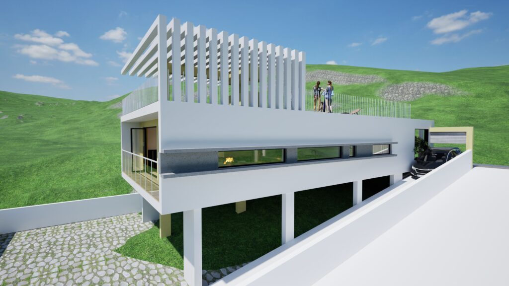 Modern white residence with a flat roof, architectural design featuring a striking white facade, a rooftop terrace with people, and a lush green hillside backdrop under a clear blue sky. The building is elevated with supporting columns, showcasing a contemporary aesthetic and a seamless integration with the natural landscape. By Modify Architects