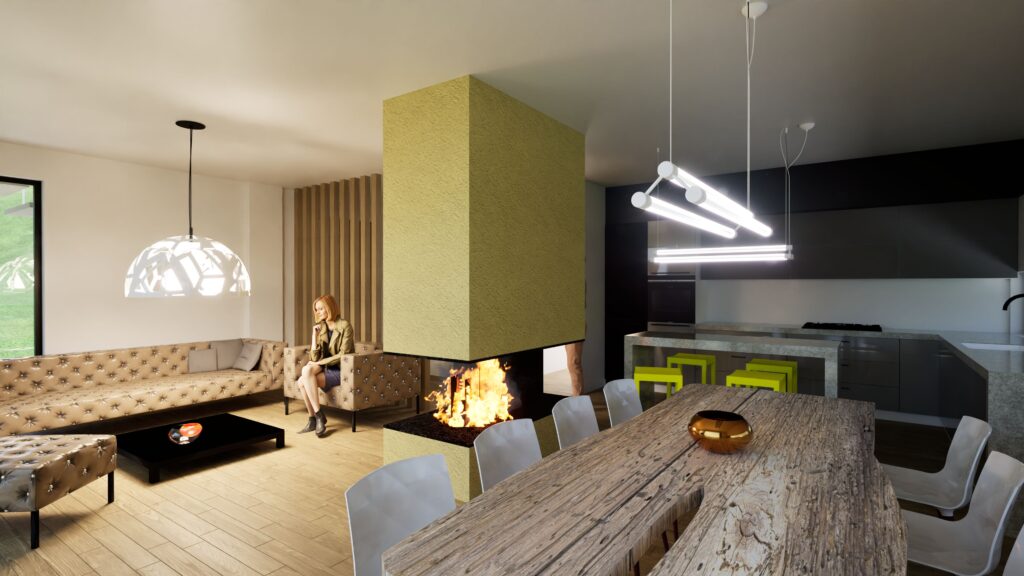 Interior rendering of a modern open-plan living space featuring a large, textured yellow fireplace dividing the living room and kitchen, a studded leather sofa, a wooden dining table, and a sleek gray kitchen with bar seating. Natural light streams in from a large window overlooking greenery. By Modify Architects