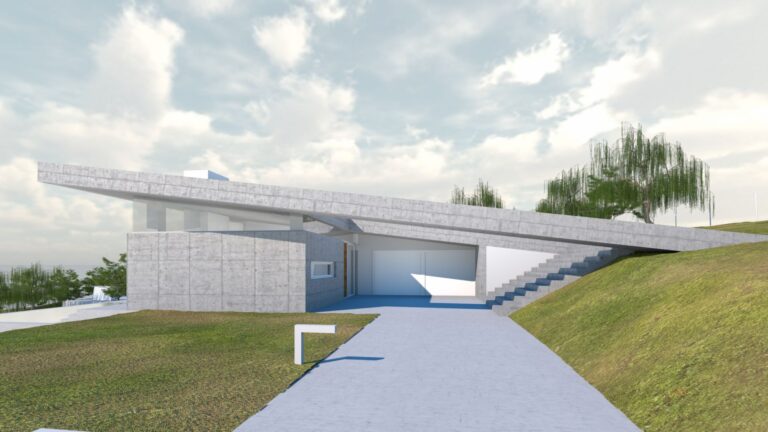 A rendering of a modern concrete house built into a grassy hillside, featuring a flat roof extending over a walkway and stairs, with a minimalist aesthetic and a bright, cloudy sky backdrop. By Modify Architects