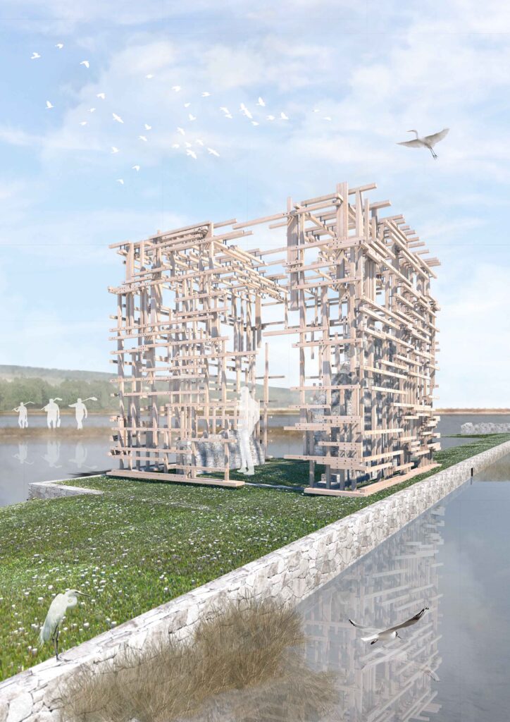 Architectural rendering of the Saltpan House, a unique wooden structure built within a salt pan landscape. The house appears as an open framework of timber beams, elevated above the water level, with figures visible inside and around it. A stone embankment borders the water, with birds in flight and wading in the foreground and background, creating a serene and natural atmosphere. The sky is bright with scattered clouds, and the water reflects the structure and the surrounding environment. By Modify Architects