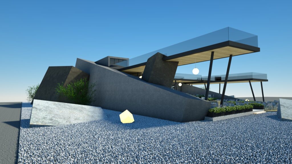 Modern architectural rendering of a low-slung building with a striking angular concrete facade, featuring a flat roof supported by slender pillars, an open-air seating area with planters, and a minimalist light fixture illuminating a gravel pathway under a clear blue sky. By Modify Architects