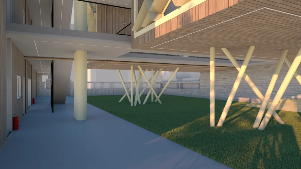 Architectural rendering of the Xatzivei School's interior courtyard, showcasing a unique structural system of angled, light-colored supports rising from a vibrant green lawn. A concrete walkway and building facade with wooden cladding frame the space, while a slatted wooden ceiling provides shade and visual interest above. The image highlights the school's modern design and integration of outdoor space. By Modify Architects