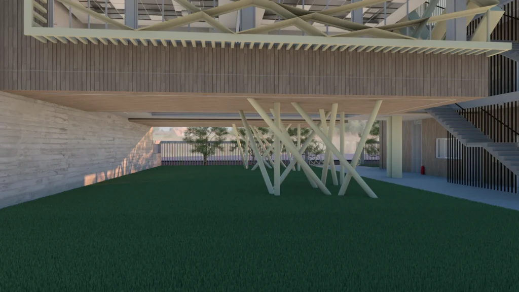 Architectural rendering of the Xatzivei School showcasing an elevated outdoor learning space supported by uniquely angled, tree-like columns. A textured concrete wall forms a backdrop to a lush green lawn, while a wooden ceiling overhangs the area. A metal staircase and safety railing are visible, suggesting a multi-level design and integration with the surrounding landscape. The image conveys a modern, nature-inspired educational environment. By Modify Architects