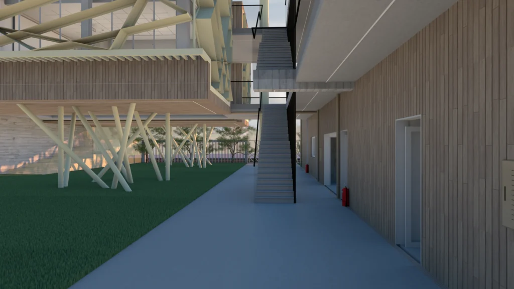 Architectural rendering of the Xatzivei School featuring a modern exterior staircase leading to an upper level, with a unique structural support system resembling tree branches, wooden cladding, and a concrete walkway overlooking a green lawn. By Modify Architects